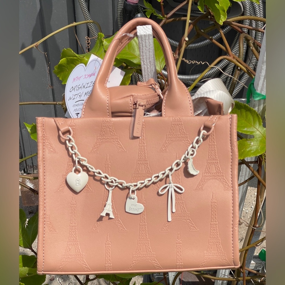 BETSEY JOHNSON Metallic Top Handle Bag XOREA Eiffel Tower Embossed